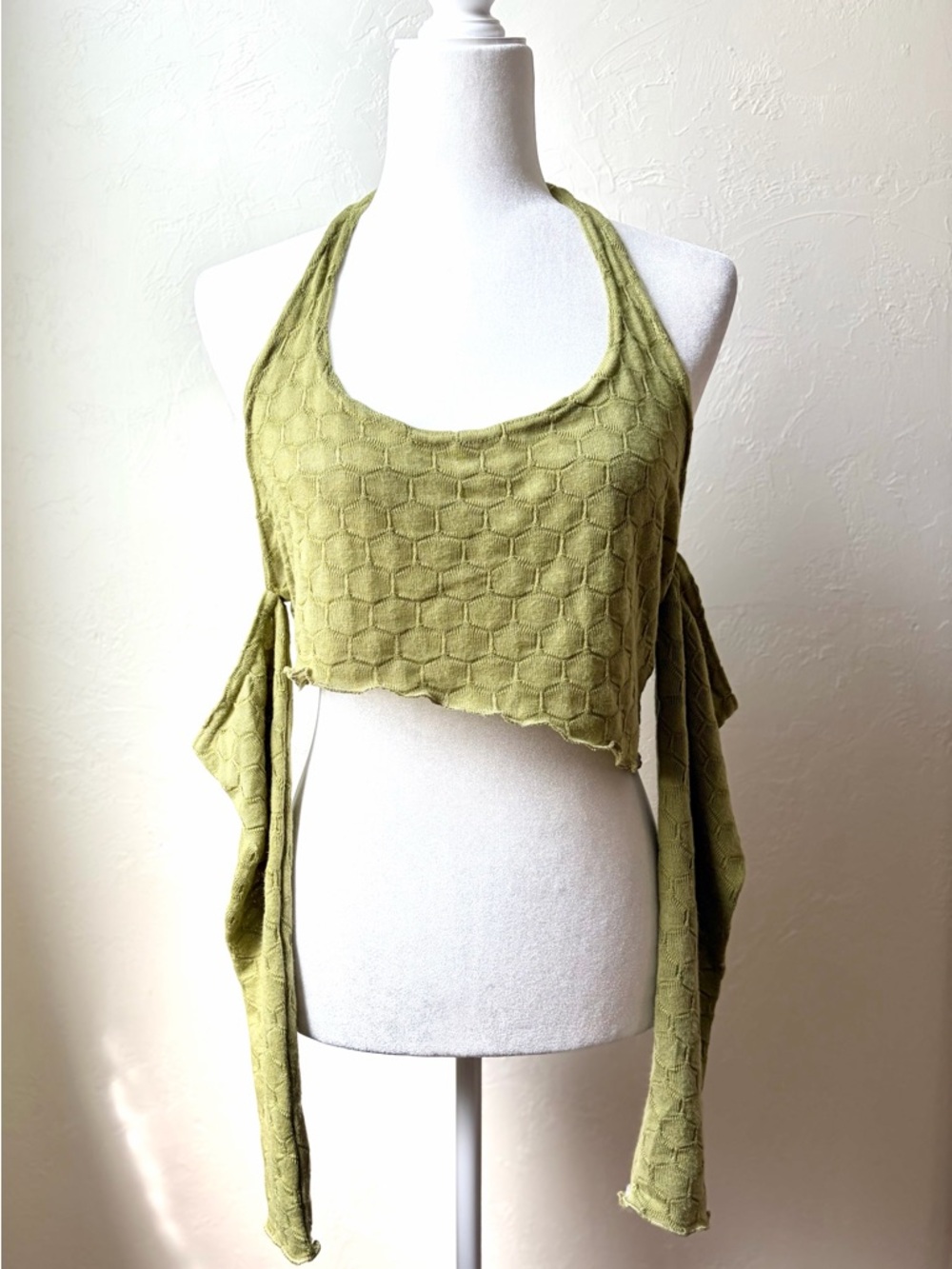 PrettyLittleThing Olive Green Textured Halter Open Back Festival Top US 14